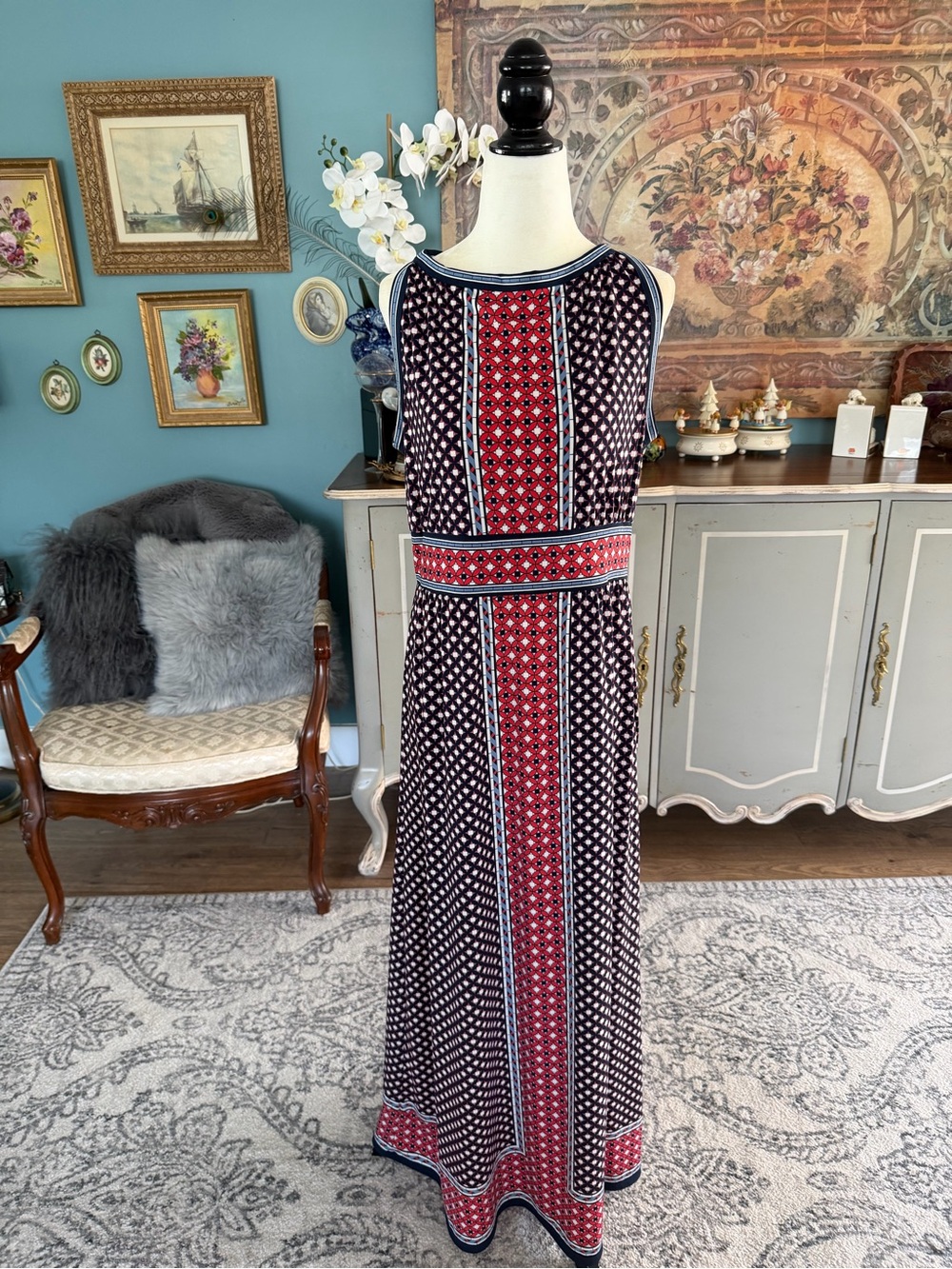Max Studio Red & Navy Sleeveless Printed Maxi Dress